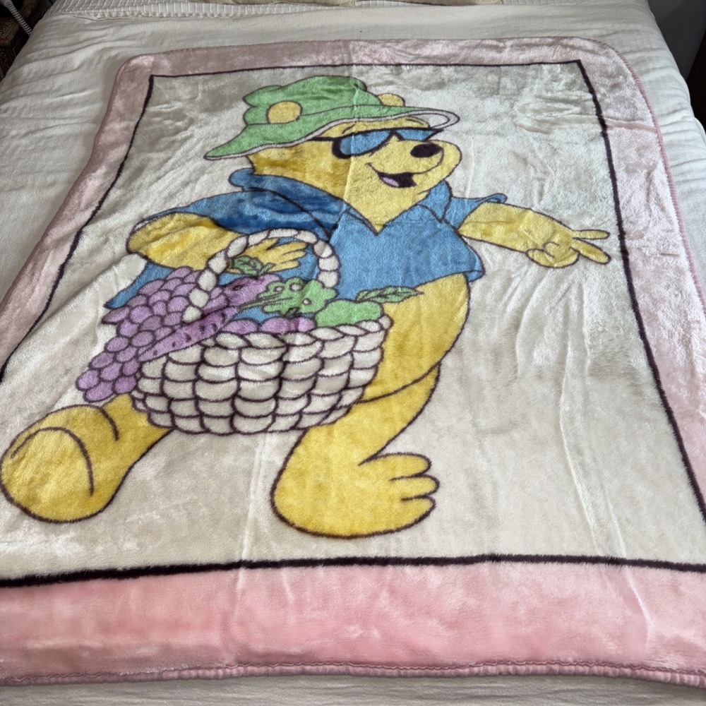 Vtg Winnie the Pooh Hip‎ Hop Honey Pot Basket Blanket Throw Thick Plush 54"x43"